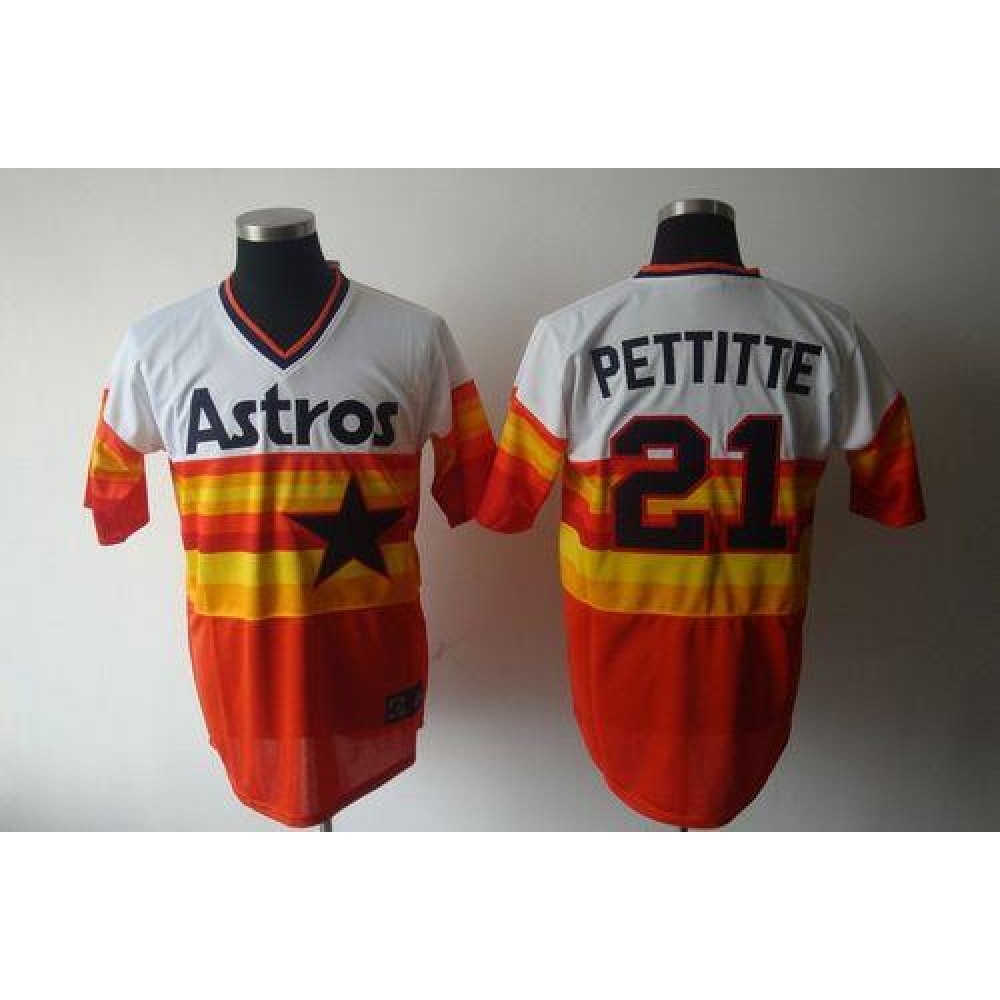 Mitchell And Ness Astros #21 Andy Pettitte White/Orange Stitched Throwback MLB Jersey