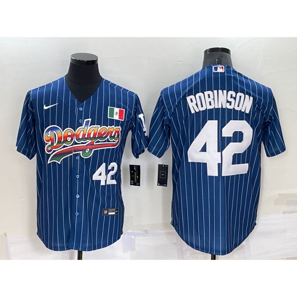 Men's Los Angeles Dodgers #42 Jackie Robinson Navy Mexico Rainbow Cool Base Stitched Baseball Jersey