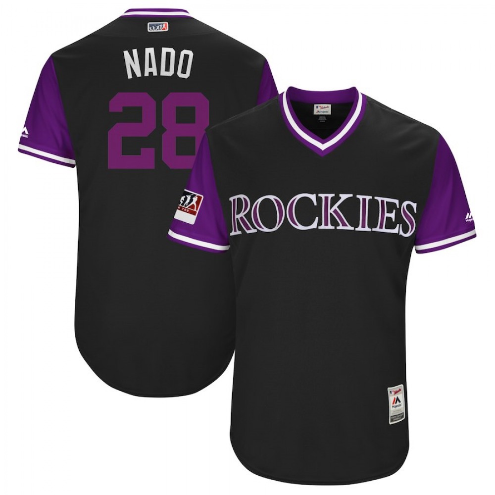 Men's Colorado Rockies #28 Nolan Arenado "Nado" Majestic Black/Purple 2018 Players' Weekend Stitched MLB Jersey Men's Colorado Rockies #28 Nolan Arenado "Nado" Majestic Black/Purple 2018 Players' Weekend Stitched MLB Jersey
