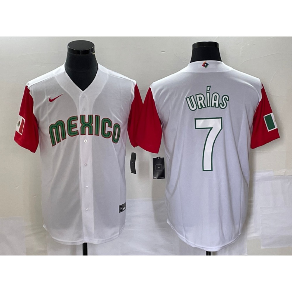Men's Mexico Baseball #7 Julio Urias 2023 White Red World Baseball With Patch Classic Stitched Jersey Men's Mexico Baseball #7 Julio Urias 2023 White Red World Baseball With Patch Classic Stitched Jersey
