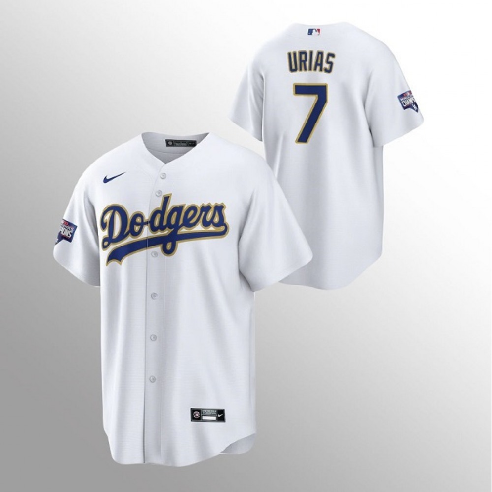 Men's Los Angeles Dodgers #7 Julio Urias White Champions Patch Gold Program Cool Base Stitched Jersey Men's Los Angeles Dodgers #7 Julio Urias White Champions Patch Gold Program Cool Base Stitched Jersey