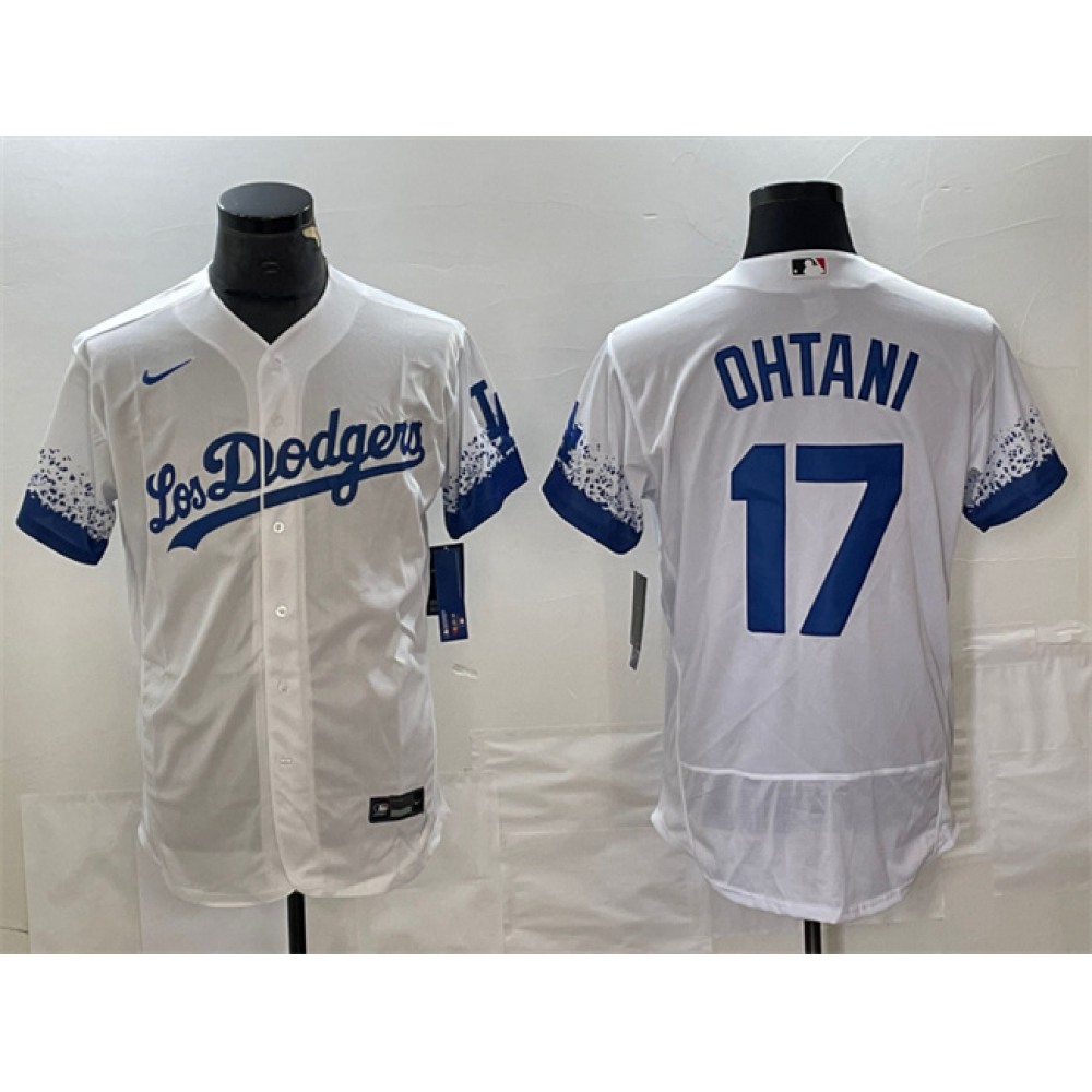 Men's Los Angeles Dodgers #17 Shohei Ohtani White City Connect Flex Base With Patch Stitched Baseball Jersey Men's Los Angeles Dodgers #17 Shohei Ohtani White City Connect Flex Base With Patch Stitched Baseball Jersey