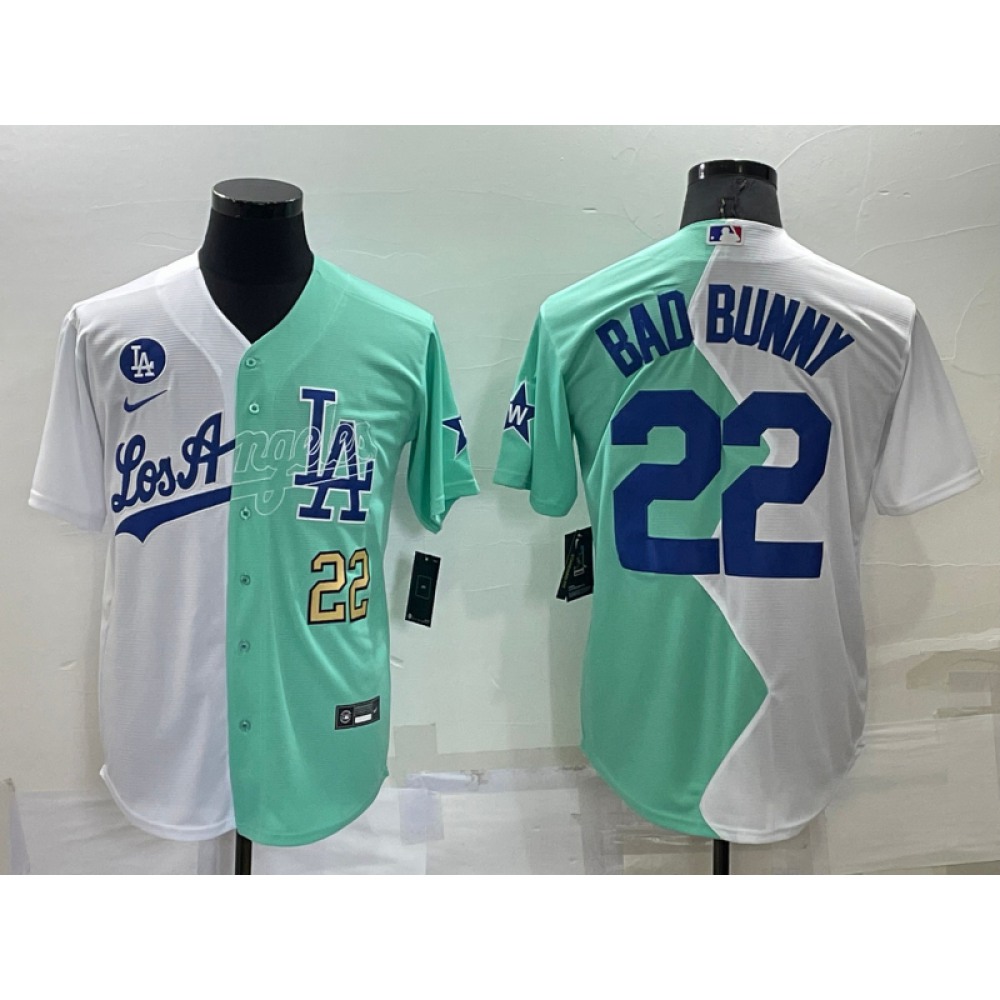 Men's Los Angeles Dodgers #22 Bad Bunny 2022 All-Star White/Green Cool Base Stitched Baseball Jersey Men's Los Angeles Dodgers #22 Bad Bunny 2022 All-Star White/Green Cool Base Stitched Baseball Jersey