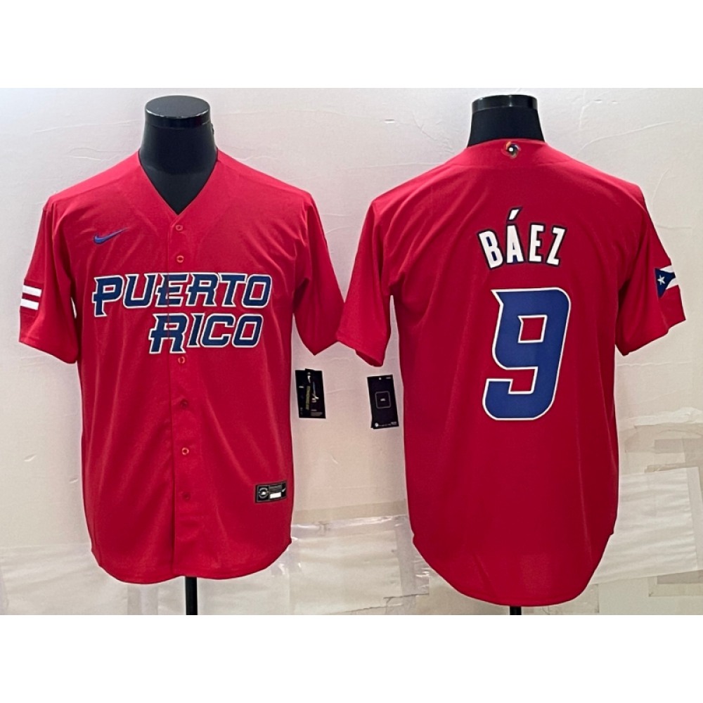 Men's Puerto Rico Baseball #9 Javier Baez 2023 Red World Baseball Classic Stitched Jersey