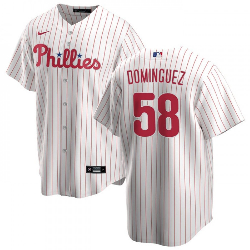 Men's Philadelphia Phillies #58 Seranthony Dominguez White Cool Base Stitched Baseball Jersey Men's Philadelphia Phillies #58 Seranthony Dominguez White Cool Base Stitched Baseball Jersey