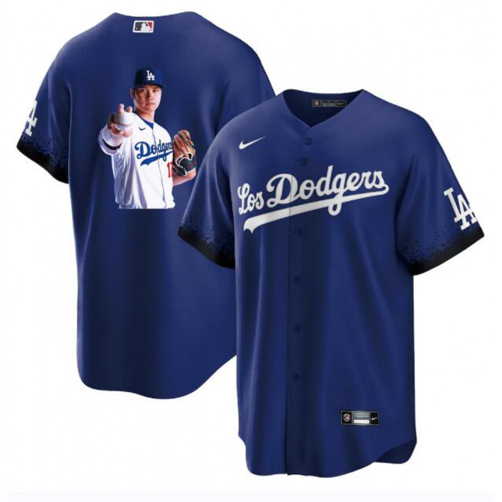Men's Los Angeles Dodgers #17 Shohei Ohtani Blue Big Logo City Connect Cool Base Stitched Jersey Men's Los Angeles Dodgers #17 Shohei Ohtani Blue Big Logo City Connect Cool Base Stitched Jersey