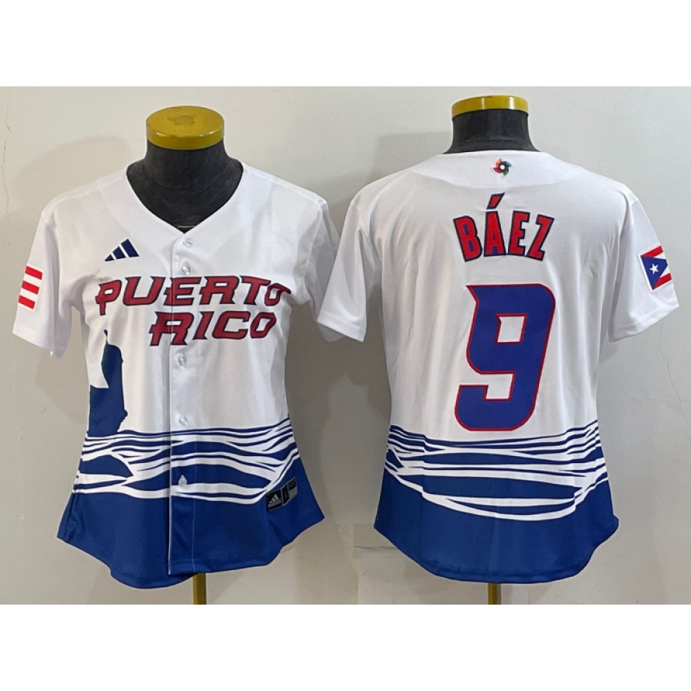 Youth Puerto Rico Baseball #9 Javier Baez 2023 White World Baseball Classic Stitched Jersey Youth Puerto Rico Baseball #9 Javier Baez 2023 White World Baseball Classic Stitched Jersey