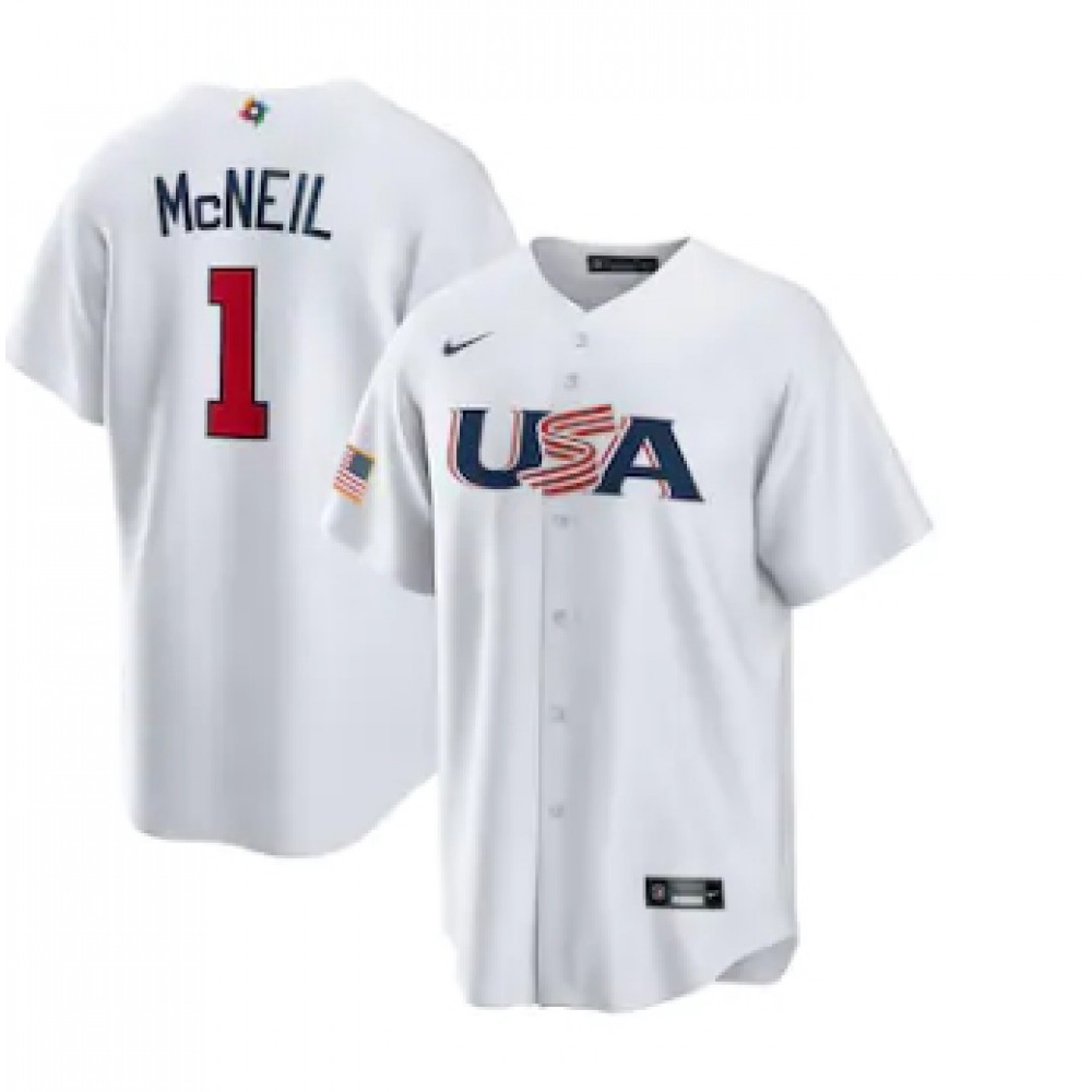 Men's USA Baseball #1 Jeff McNeil 2023 White World Baseball Classic Stitched Jersey Men's USA Baseball #1 Jeff McNeil 2023 White World Baseball Classic Stitched Jersey