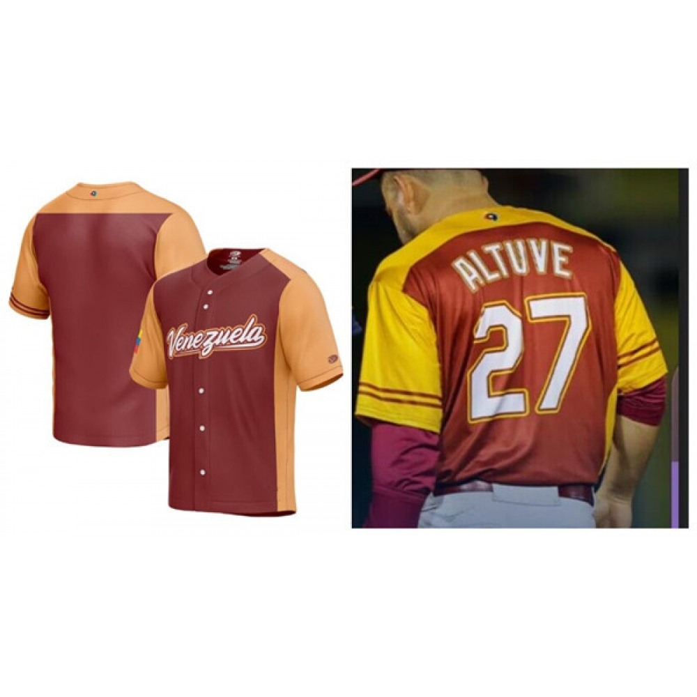 Men's Venezuela Baseball #27 Jose Altuve 2023 Burgundy World Baseball Classic Stitched Jersey Men's Venezuela Baseball #27 Jose Altuve 2023 Burgundy World Baseball Classic Stitched Jersey