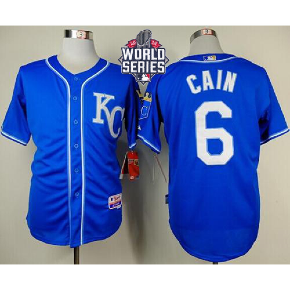 Royals #6 Lorenzo Cain Light Blue Alternate 2 Cool Base W/2015 World Series Patch Stitched MLB Jersey