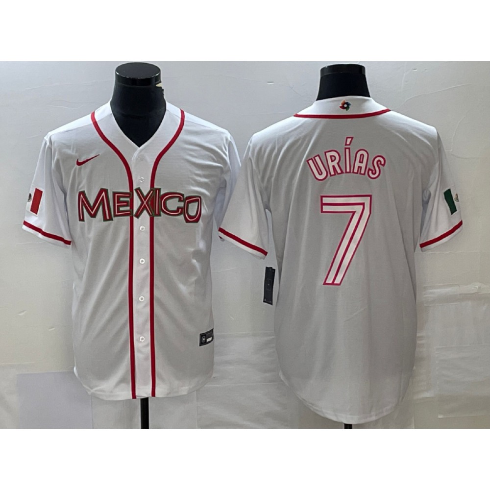 Men's Mexico Baseball #7 Julio Urias 2023 White World Baseball With Patch Classic Stitched Jersey Men's Mexico Baseball #7 Julio Urias 2023 White World Baseball With Patch Classic Stitched Jersey