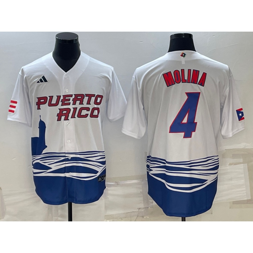 Men's Puerto Rico Baseball #4 Yadier Molina 2023 White World Baseball Classic Stitched Jersey Men's Puerto Rico Baseball #4 Yadier Molina 2023 White World Baseball Classic Stitched Jersey