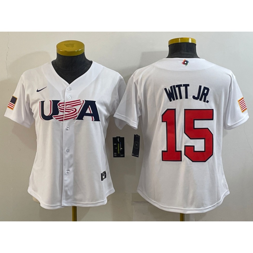 Women's USA Baseball #15 Bobby Witt Jr. 2023 White World Baseball Classic Stitched Jersey(Run Small) Women's USA Baseball #15 Bobby Witt Jr. 2023 White World Baseball Classic Stitched Jersey(Run Small)