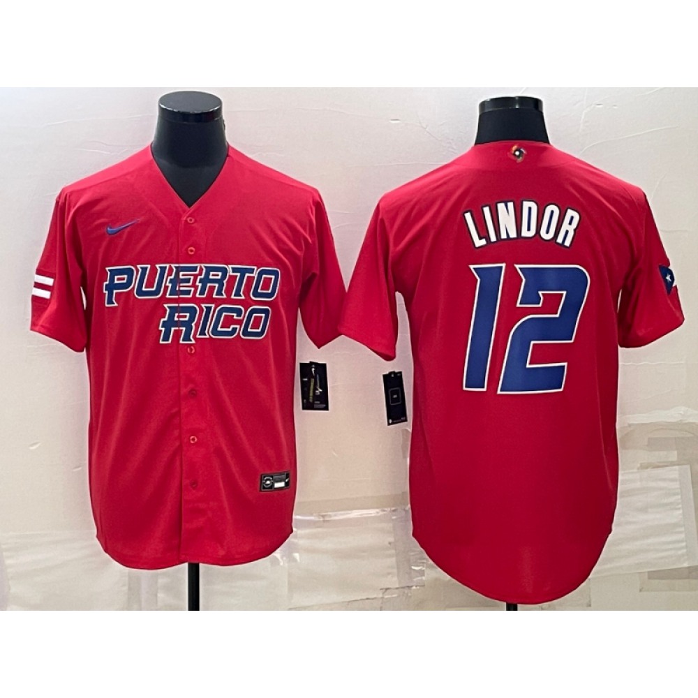 Men's Puerto Rico Baseball #12 Francisco Lindor 2023 Red World Baseball Classic Stitched Jersey Men's Puerto Rico Baseball #12 Francisco Lindor 2023 Red World Baseball Classic Stitched Jersey