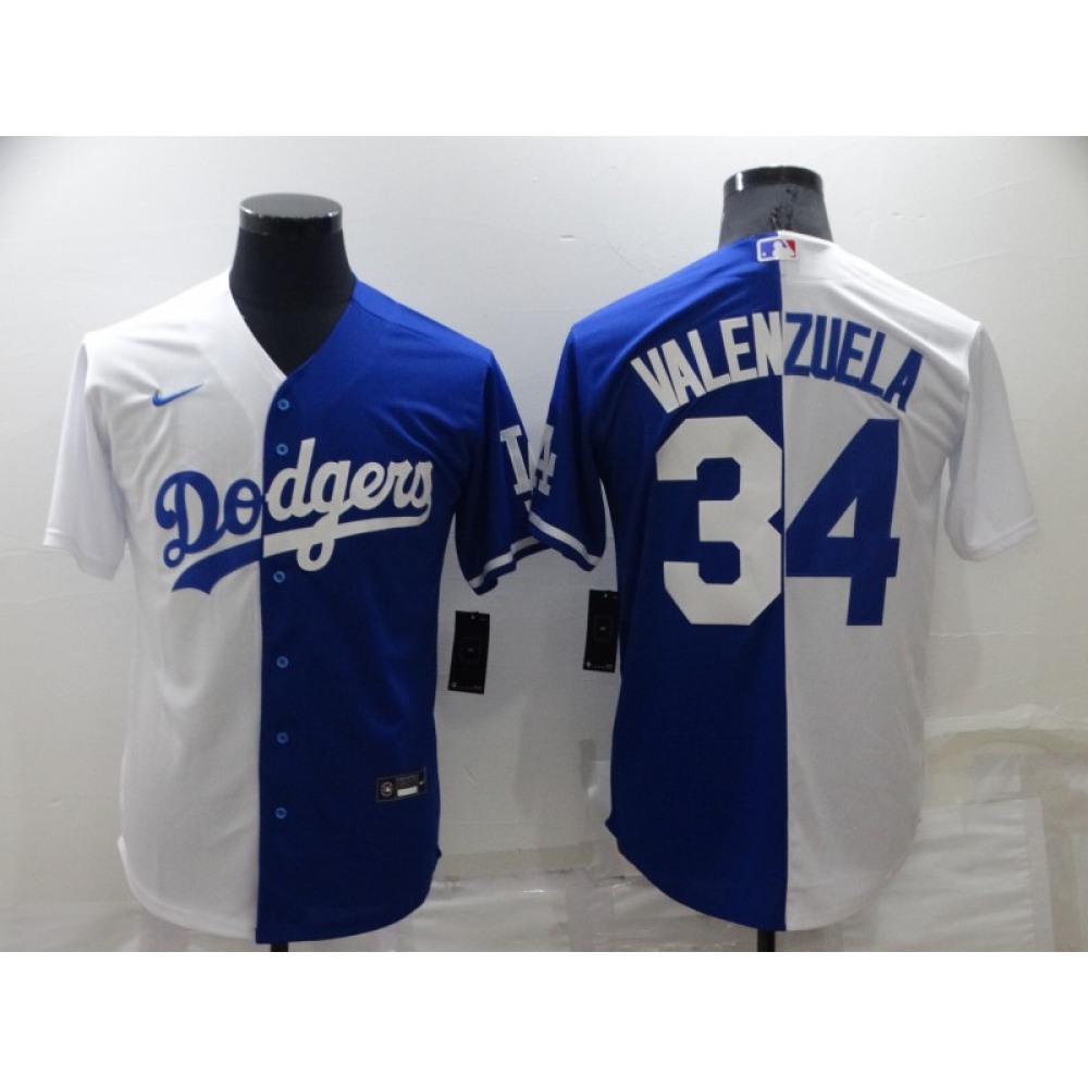 Men's Los Angeles Dodgers #34 Toro Valenzuela White/Blue Split Cool Base Stitched Baseball Jersey Men's Los Angeles Dodgers #34 Toro Valenzuela White/Blue Split Cool Base Stitched Baseball Jersey