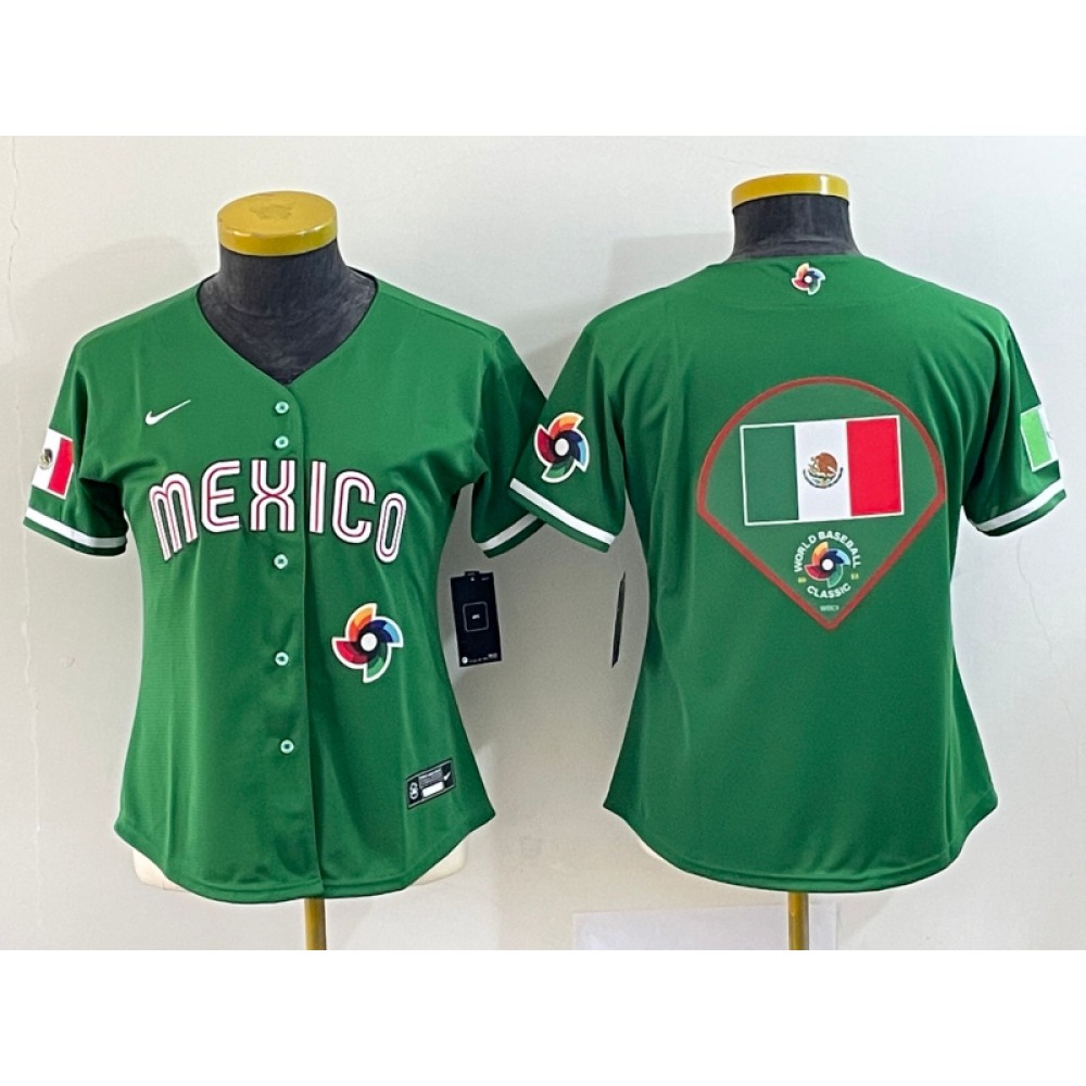 Women's Mexico Baseball 2023 Green Big Logo World Baseball Classic Stitched Jersey(Run Small) Women's Mexico Baseball 2023 Green Big Logo World Baseball Classic Stitched Jersey(Run Small)