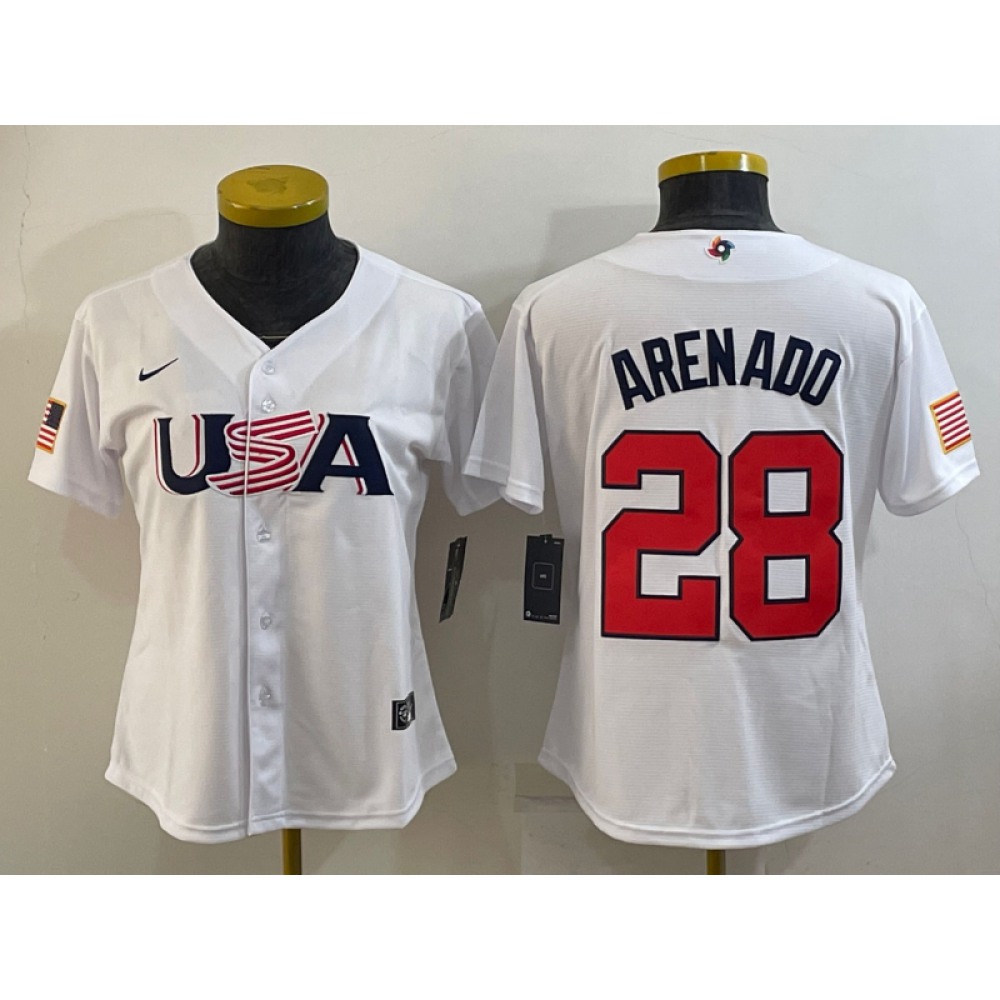Youth USA Baseball #28 Nolan Arenado 2023 White World Baseball Classic Stitched Jersey Youth USA Baseball #28 Nolan Arenado 2023 White World Baseball Classic Stitched Jersey