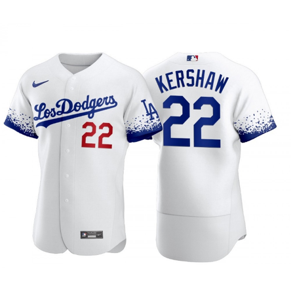 Men's Los Angeles Dodgers #22 Clayton Kershaw 2021 White City Connect Flex Base Stitched Baseball Jersey Men's Los Angeles Dodgers #22 Clayton Kershaw 2021 White City Connect Flex Base Stitched Baseball Jersey