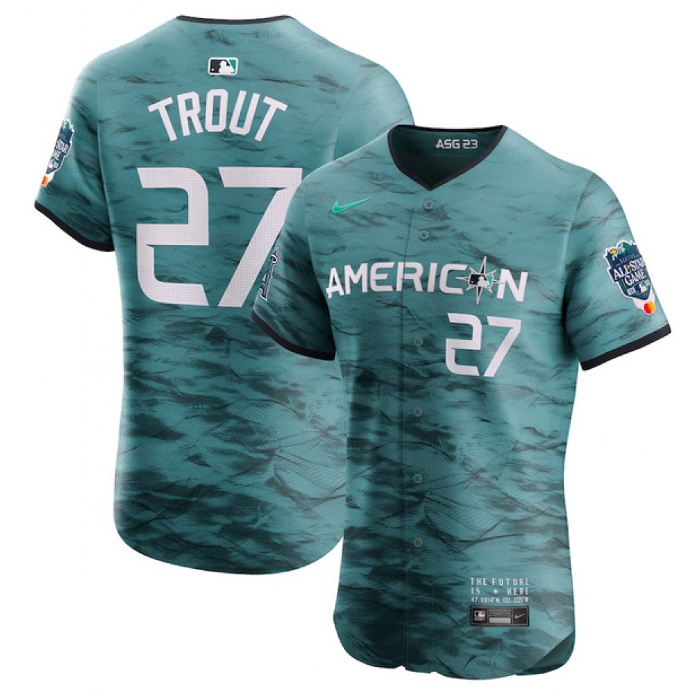 Men's Los Angeles Angels #27 Mike Trout Teal 2023 All-star Flex Base Stitched Jersey Men's Los Angeles Angels #27 Mike Trout Teal 2023 All-star Flex Base Stitched Jersey