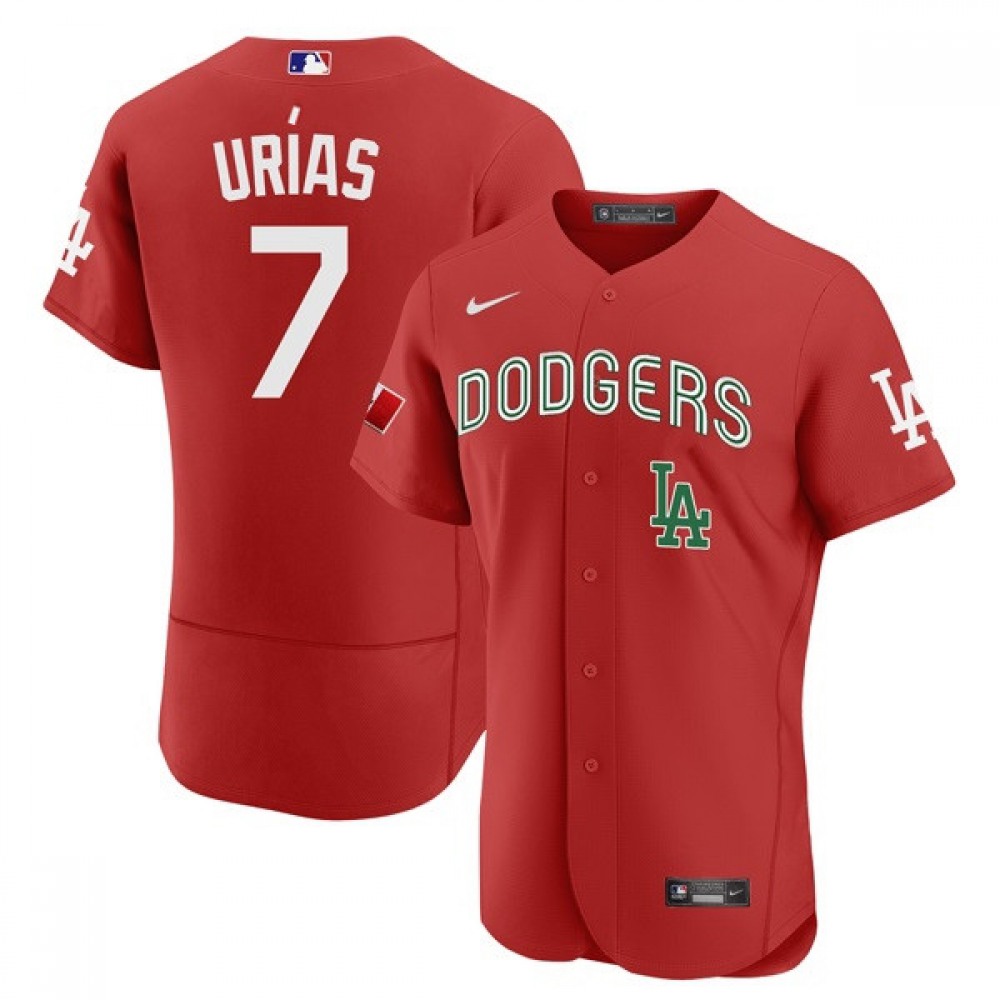 Men's Los Angeles Dodgers #7 Julio Urias 2021 Mexican Heritage Red Flex Base Stitched Baseball Jersey Men's Los Angeles Dodgers #7 Julio Urias 2021 Mexican Heritage Red Flex Base Stitched Baseball Jersey