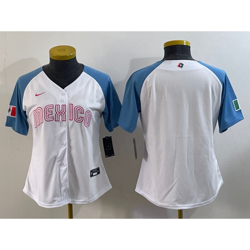 Youth Mexico Baseball Blank 2023 White Blue World Baseball Classic Stitched Jersey Youth Mexico Baseball Blank 2023 White Blue World Baseball Classic Stitched Jersey
