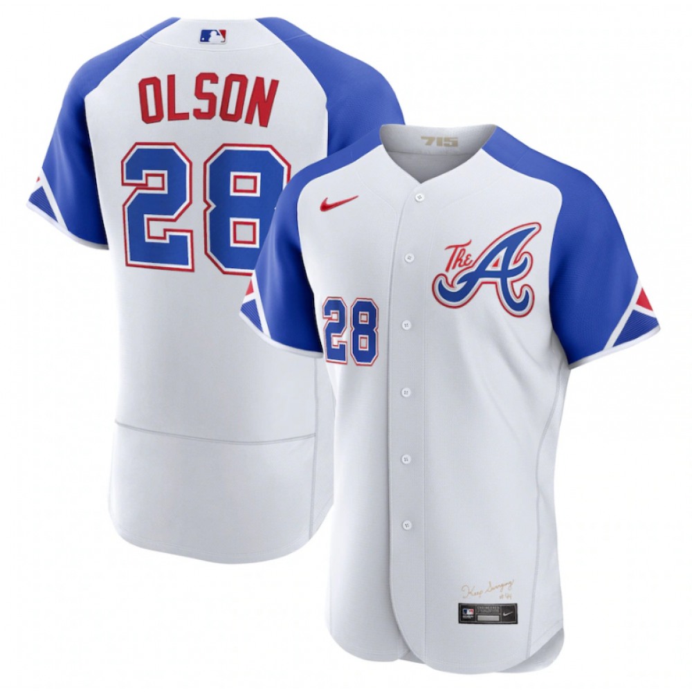 Men's Atlanta Braves #28 Matt Olson White 2023 City Connect Flex Base Stitched Jersey Men's Atlanta Braves #28 Matt Olson White 2023 City Connect Flex Base Stitched Jersey