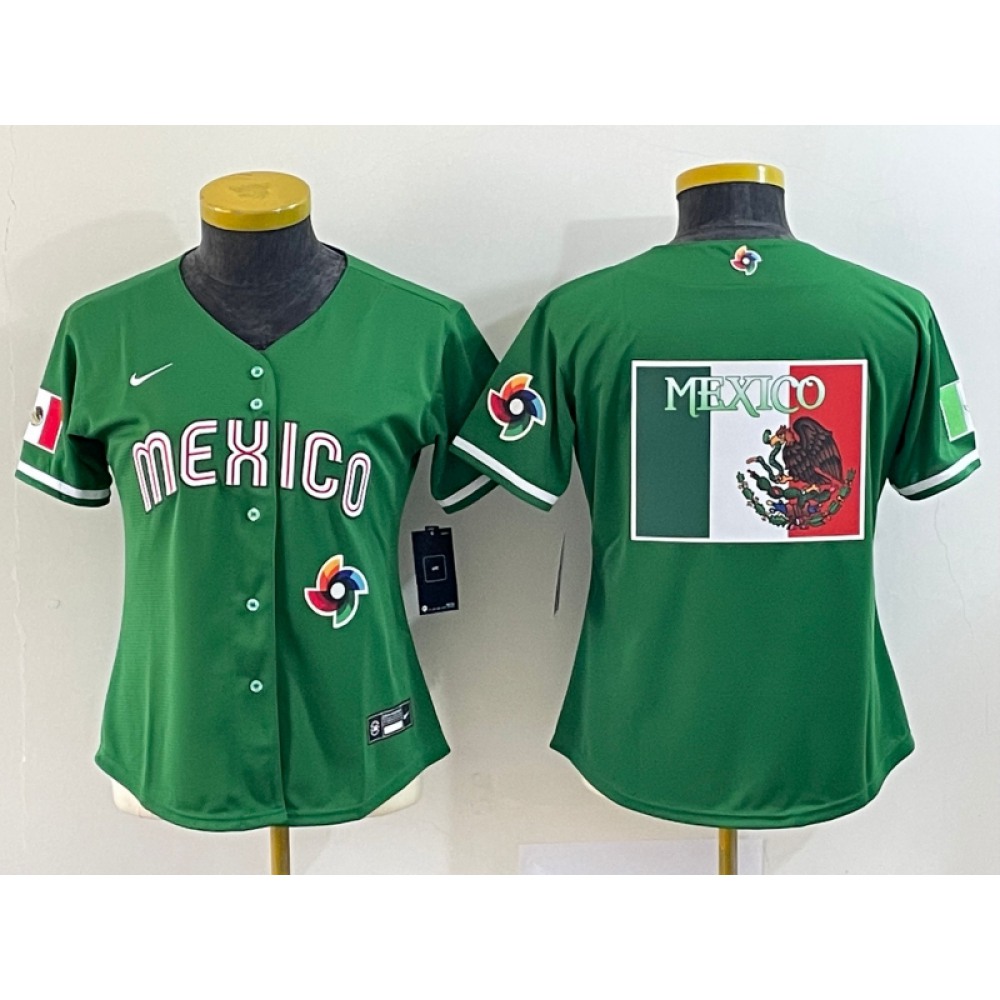Women's Mexico Baseball 2023 Green Big Logo World Baseball Classic Stitched Jersey(Run Small) Women's Mexico Baseball 2023 Green Big Logo World Baseball Classic Stitched Jersey(Run Small)