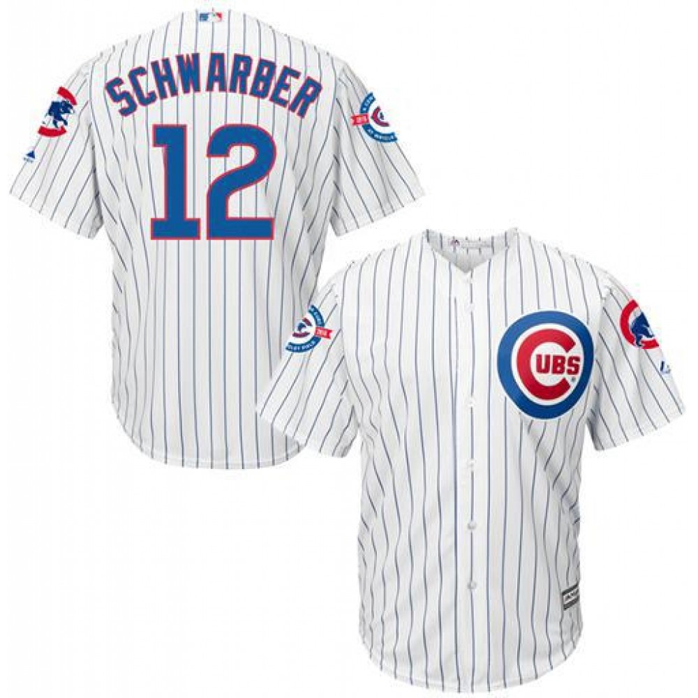 Cubs #12 Kyle Schwarber White Strip New Cool Base with 100 Years at Wrigley Field Commemorative Patch Stitched MLB Jersey Cubs #12 Kyle Schwarber White Strip New Cool Base with 100 Years at Wrigley Field Commemorative Patch Stitched MLB Jersey