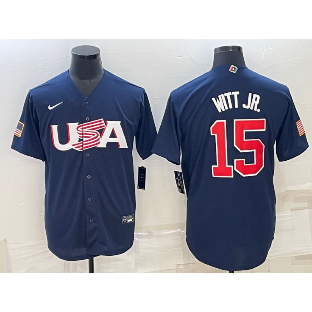 Men's USA Baseball #15 Bobby Witt Jr. 2023 Navy World Baseball Classic Stitched Jersey Men's USA Baseball #15 Bobby Witt Jr. 2023 Navy World Baseball Classic Stitched Jersey