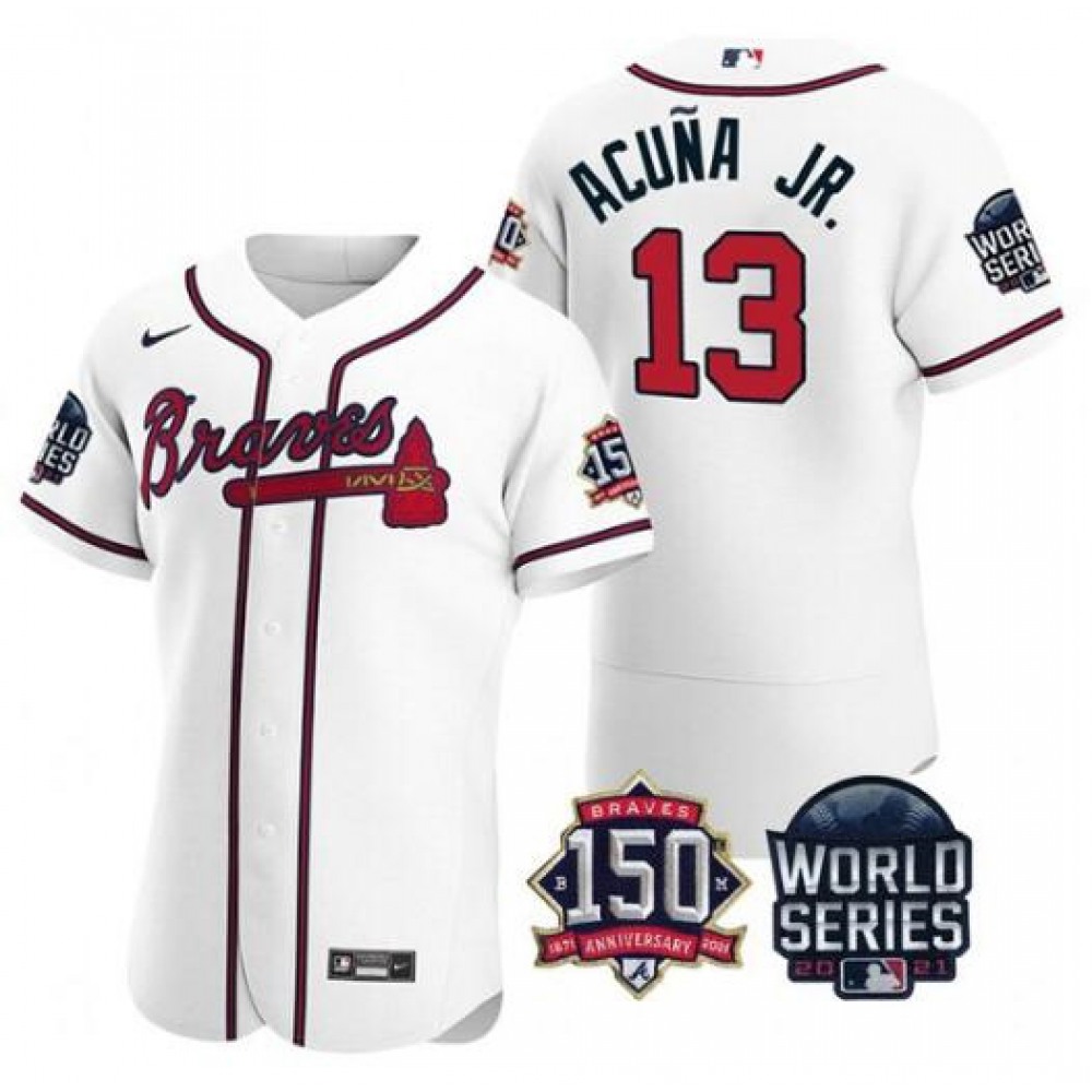 Men's Atlanta Braves #13 Ronald Acuna Jr. 2021 White World Series With 150th Anniversary Patch Stitched Baseball Jersey Men's Atlanta Braves #13 Ronald Acuna Jr. 2021 White World Series With 150th Anniversary Patch Stitched Baseball Jersey