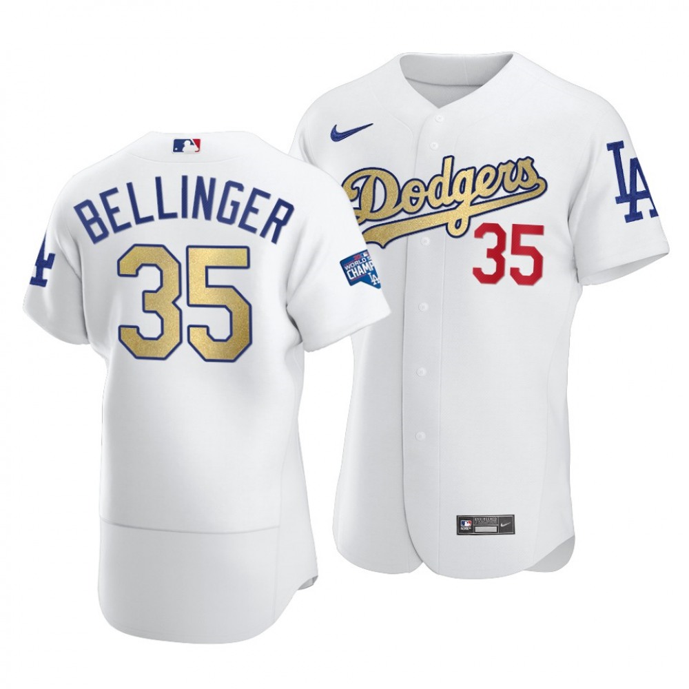 Men's Los Angeles Dodgers #35 Cody Bellinger 2021 White Gold World Series Champions Patch Sttiched Jersey Men's Los Angeles Dodgers #35 Cody Bellinger 2021 White Gold World Series Champions Patch Sttiched Jersey