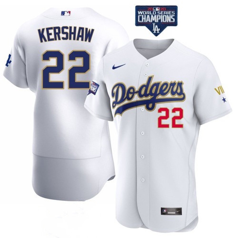 Men's Los Angeles Dodgers #22 Clayton Kershaw White Gold Championship Flex Base Sttiched MLB Jersey Men's Los Angeles Dodgers #22 Clayton Kershaw White Gold Championship Flex Base Sttiched MLB Jersey