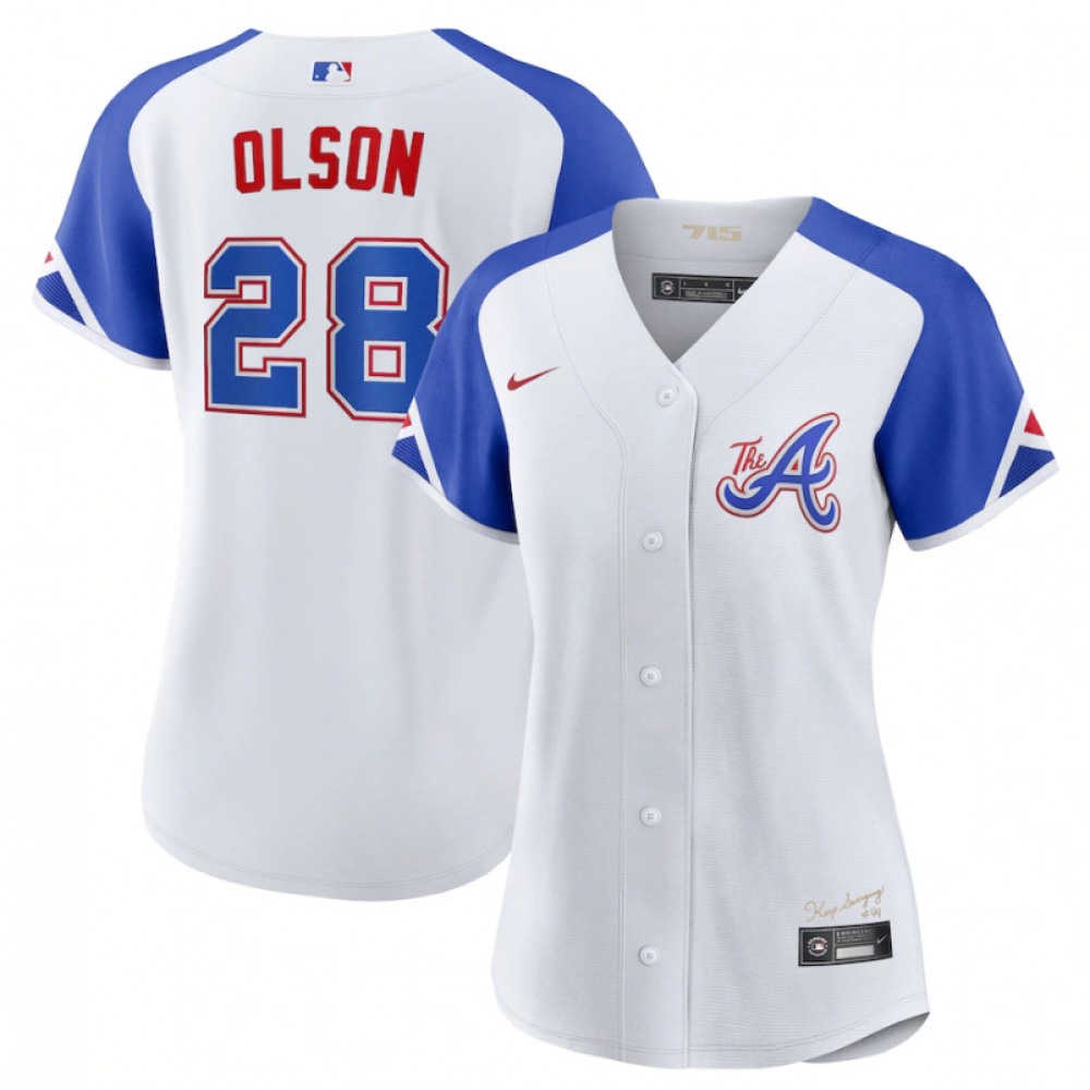 Women's Atlanta Braves #28 Matt Olson White 2023 City Connect Stitched Baseball Jersey(Run Small) Women's Atlanta Braves #28 Matt Olson White 2023 City Connect Stitched Baseball Jersey(Run Small)