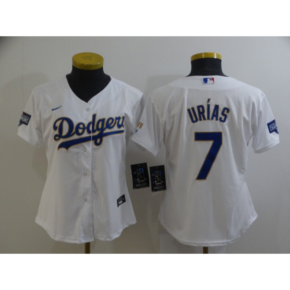 Women's Los Angeles Dodgers #7 Julio Urias White Gold Championship Cool Base Stitched Jersey(Run Small) Women's Los Angeles Dodgers #7 Julio Urias White Gold Championship Cool Base Stitched Jersey(Run Small)