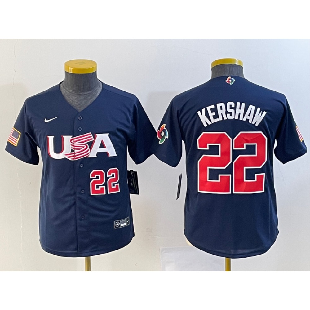 Youth USA Baseball #22 Clayton Kershaw 2023 Navy World Baseball Classic With Patch Stitched Jersey Youth USA Baseball #22 Clayton Kershaw 2023 Navy World Baseball Classic With Patch Stitched Jersey
