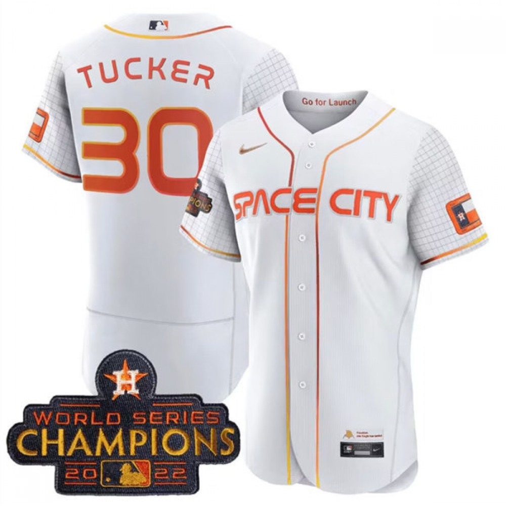 Men's Houston Astros #30 Kyle Tucker White With 2022 World Serise Champions Patch Stitched Baseball Jersey Men's Houston Astros #30 Kyle Tucker White With 2022 World Serise Champions Patch Stitched Baseball Jersey