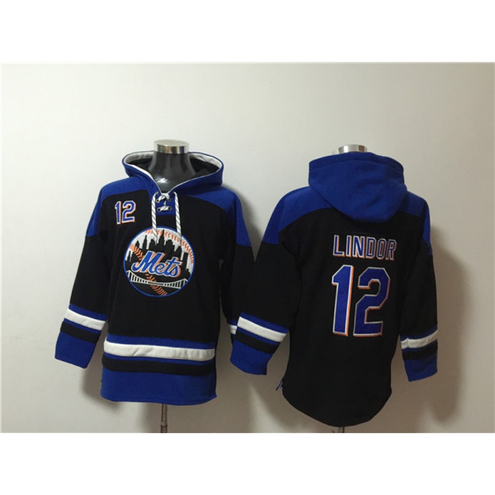 Men's New York Mets #12 Francisco Lindor Black/Blue Ageless Must-Have Lace-Up Pullover Hoodie