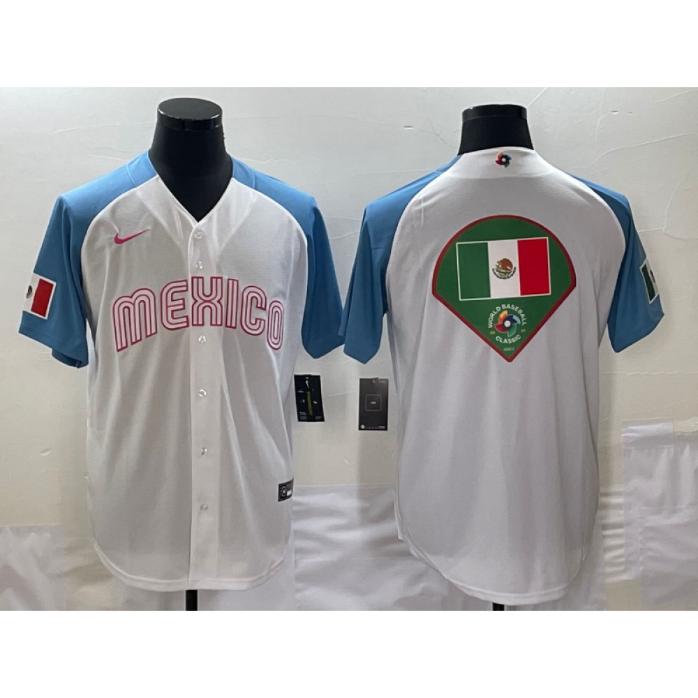 Men's Mexico Baseball 2023 White Blue World Baseball Big Logo Classic Stitched Jersey Men's Mexico Baseball 2023 White Blue World Baseball Big Logo Classic Stitched Jersey