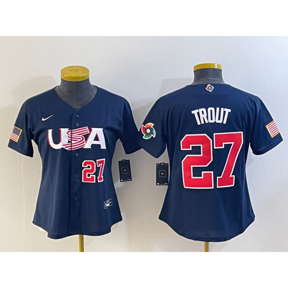 Women's USA Baseball #27 Mike Trout 2023 Navy World Baseball Classic With Patch Stitched Jersey(Run Small) Women's USA Baseball #27 Mike Trout 2023 Navy World Baseball Classic With Patch Stitched Jersey(Run Small)