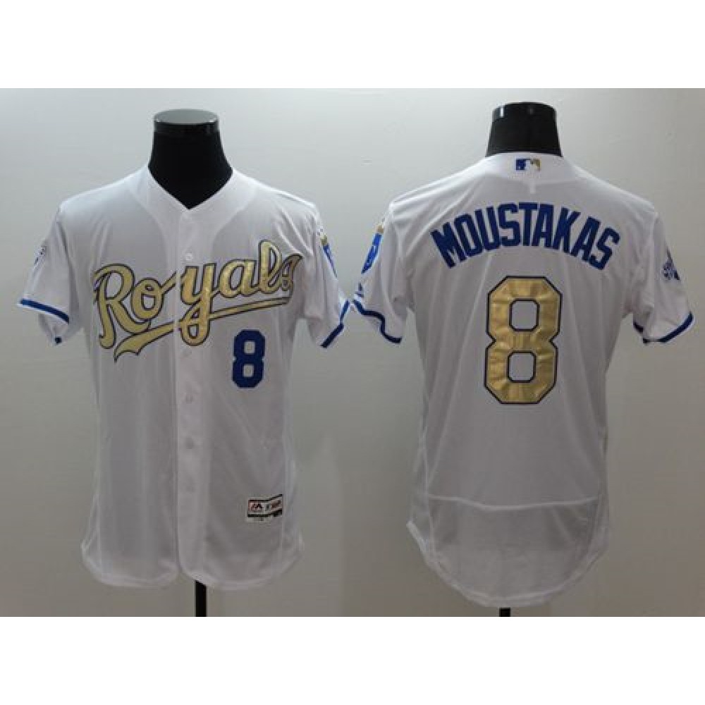 Royals #8 Mike Moustakas White 2015 World Series Champions Gold Program FlexBase Authentic Stitched MLB Jersey Royals #8 Mike Moustakas White 2015 World Series Champions Gold Program FlexBase Authentic Stitched MLB Jersey