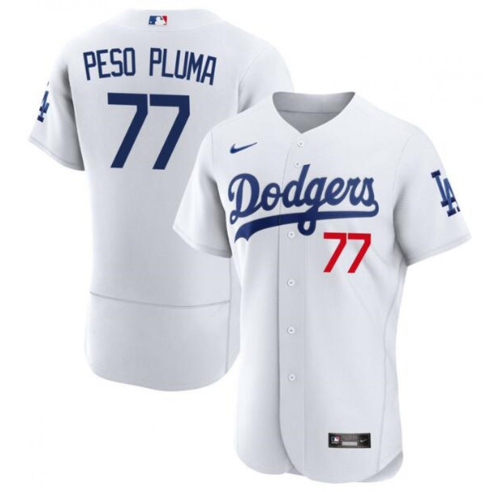 Men's Los Angeles Dodgers #77 Peso Pluma White Flex Base Stitched Baseball Jersey Men's Los Angeles Dodgers #77 Peso Pluma White Flex Base Stitched Baseball Jersey