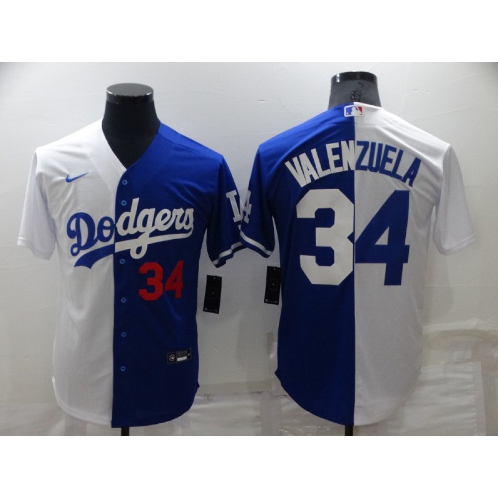 Men's Los Angeles Dodgers #34 Toro Valenzuela White/Blue Split Cool Base Stitched Baseball Jersey Men's Los Angeles Dodgers #34 Toro Valenzuela White/Blue Split Cool Base Stitched Baseball Jersey