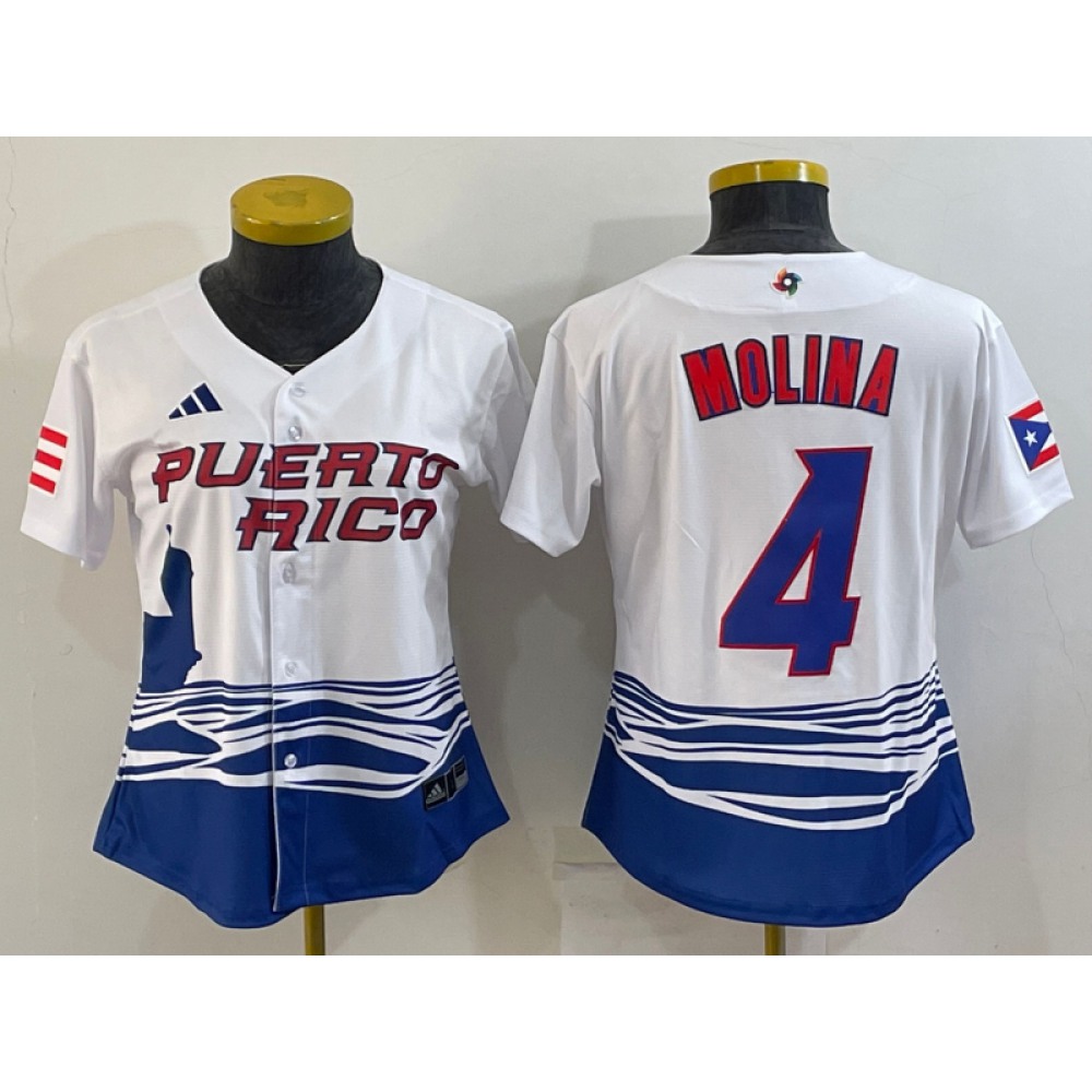 Youth Puerto Rico Baseball #4 Yadier Molina 2023 White World Baseball Classic Stitched Jersey Youth Puerto Rico Baseball #4 Yadier Molina 2023 White World Baseball Classic Stitched Jersey