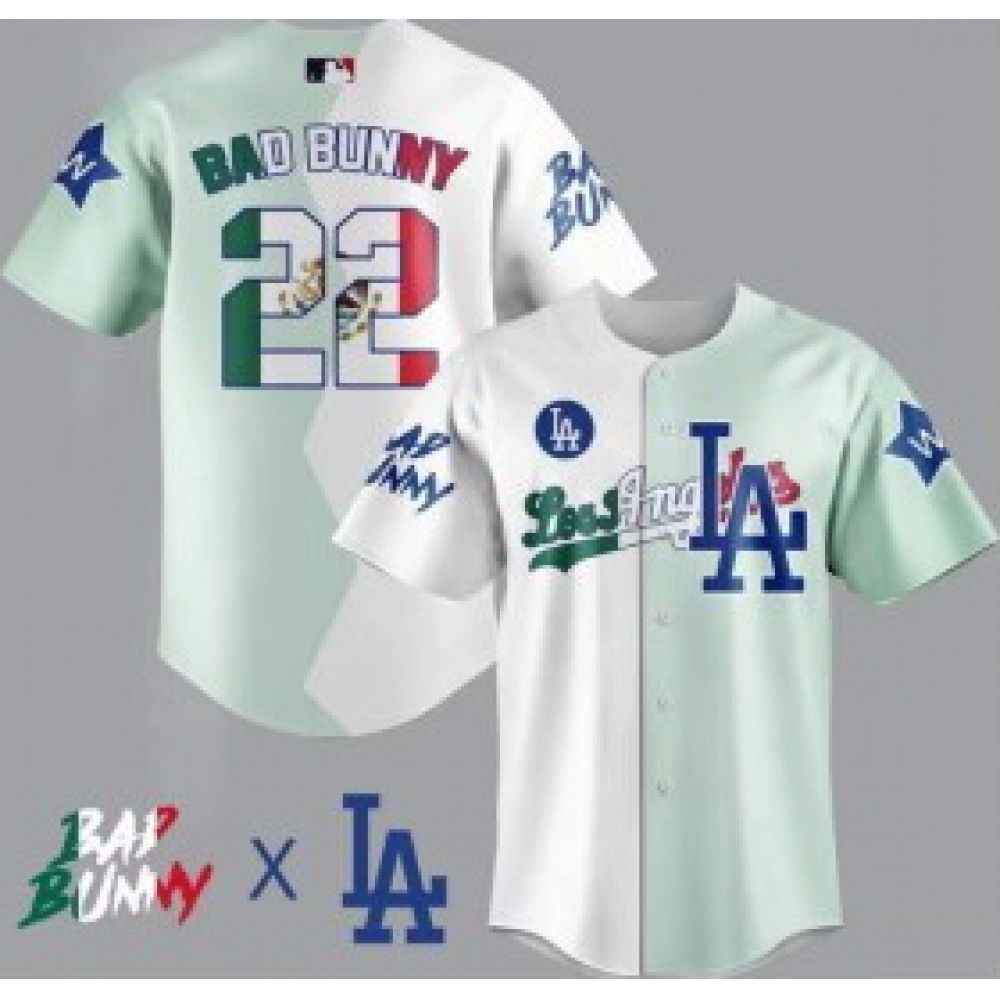 Men's Los Angeles Dodgers #22 Bad Bunny White/Green Split Cool Base Stitched Baseball Jersey