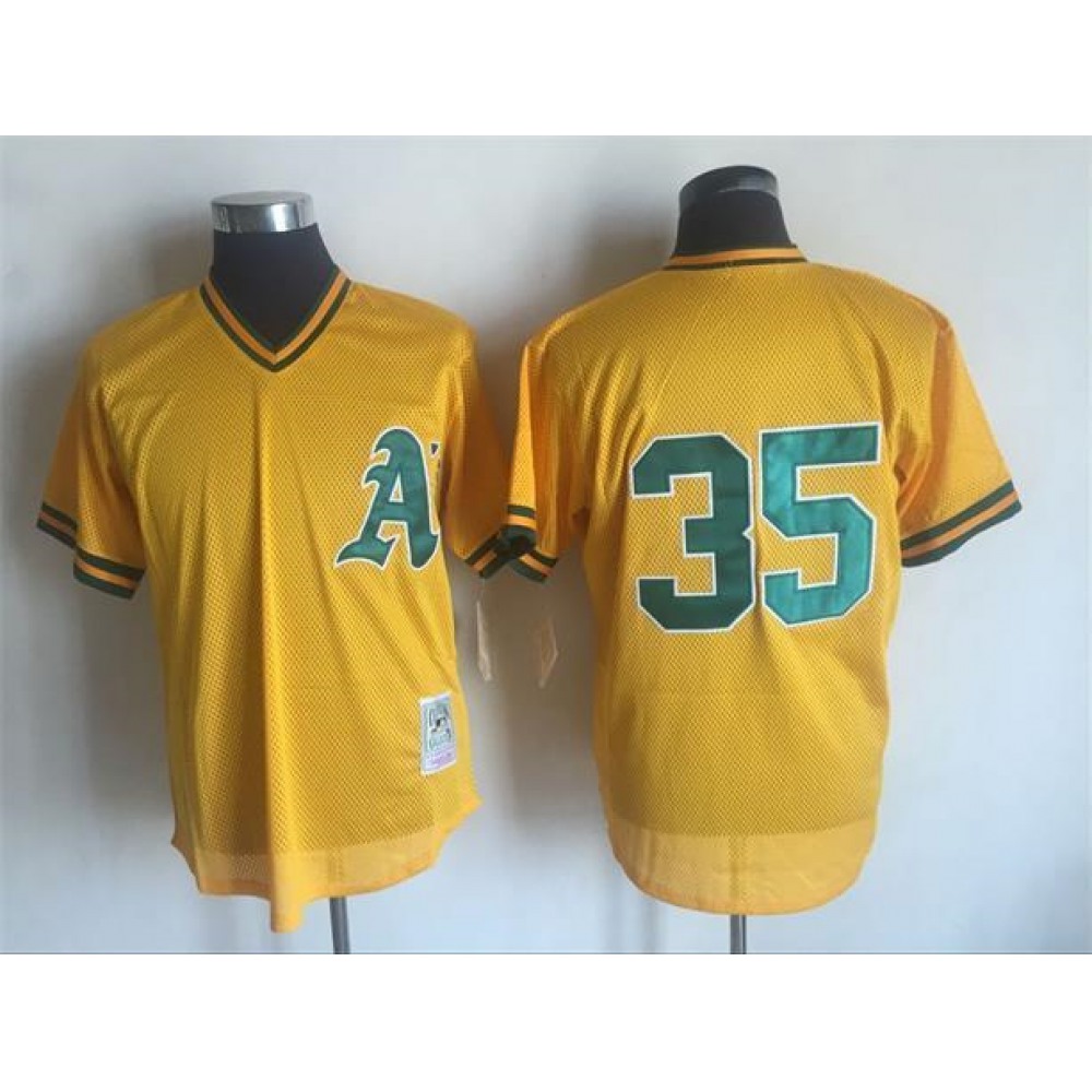Men's Oakland Athletics #35 Rickey Henderson Mitchell And Ness Yellow 1984 Throwback Stitched MLB Jersey