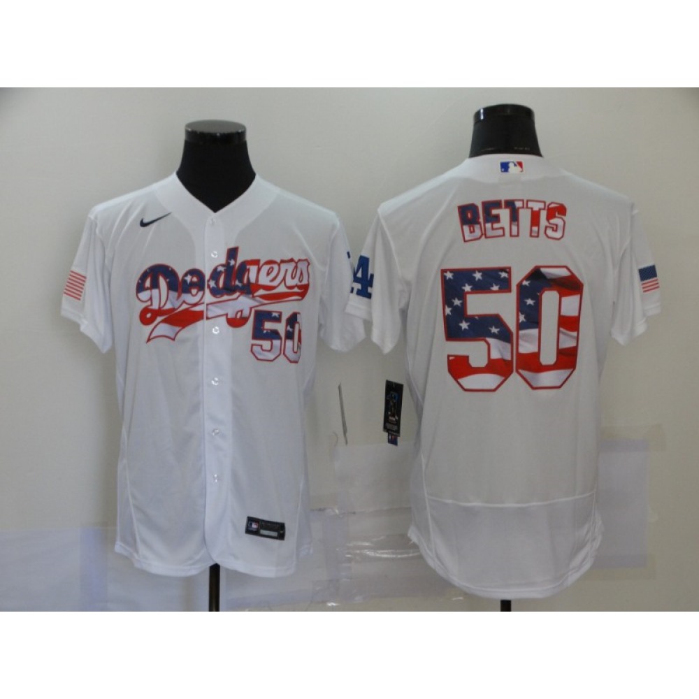 Men's Los Angeles Dodgers #50 Mookie Betts White 2020 Stars & Stripes Flex Base Stitched Jersey Men's Los Angeles Dodgers #50 Mookie Betts White 2020 Stars & Stripes Flex Base Stitched Jersey