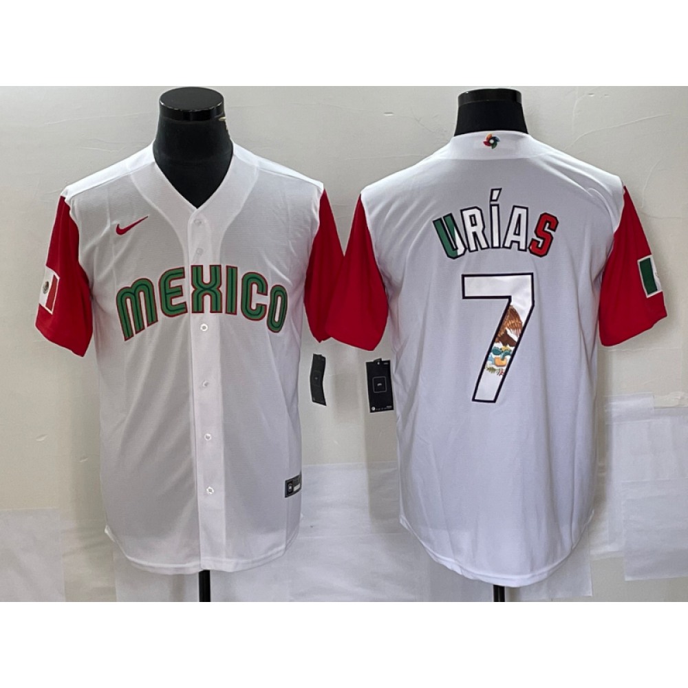 Men's Mexico Baseball #7 Julio Urias 2023 White Red World Baseball With Patch Classic Stitched Jersey Men's Mexico Baseball #7 Julio Urias 2023 White Red World Baseball With Patch Classic Stitched Jersey