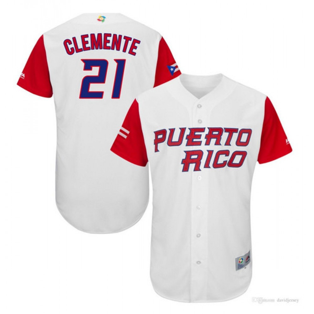 Men's Puerto Rico Baseball #21 Roberto Clemente White World Game Classic Baseball Jersey Men's Puerto Rico Baseball #21 Roberto Clemente White World Game Classic Baseball Jersey