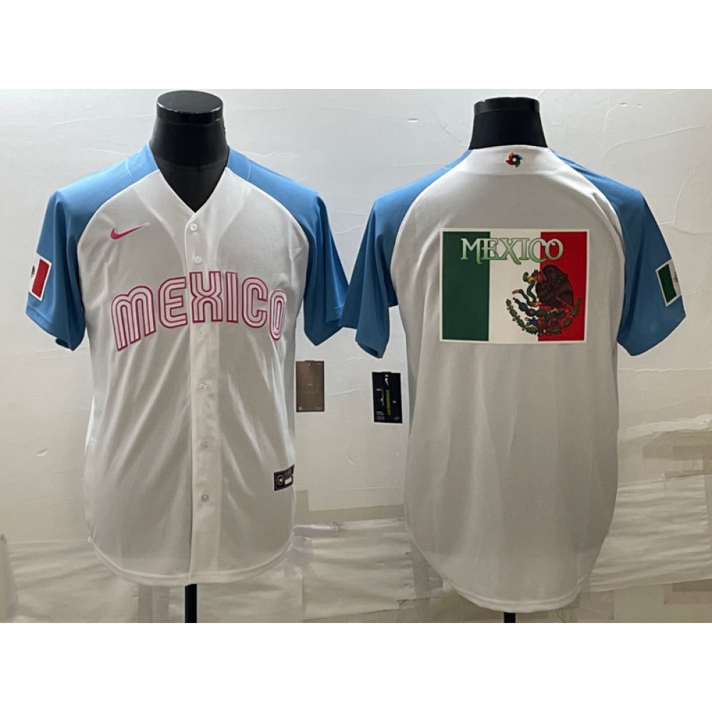 Men's Mexico Baseball 2023 White Blue World Baseball Big Logo Classic Stitched Jersey