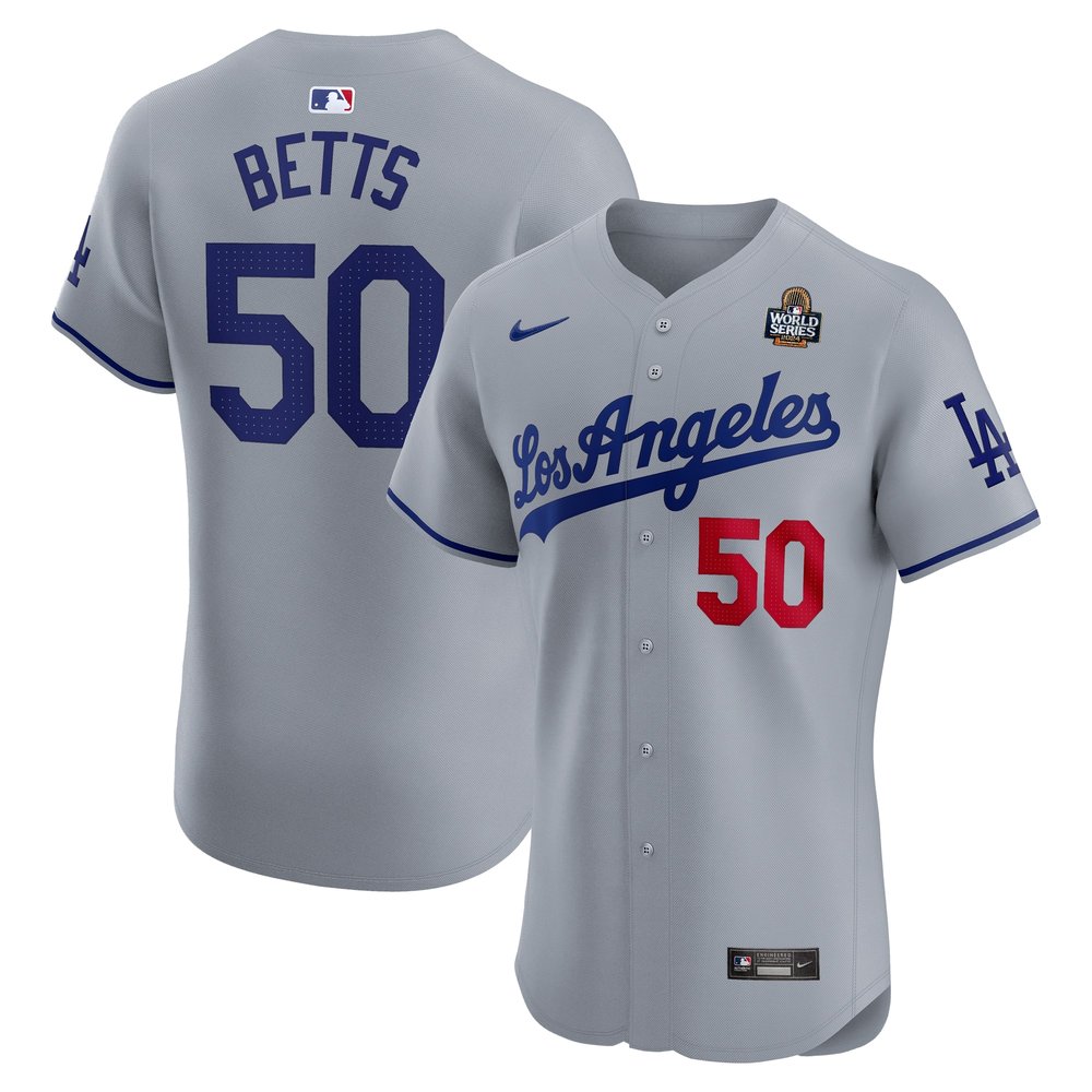Men's Los Angeles Dodgers Mookie Betts Nike Gray 2024 World Series Road Elite Player Jersey Men's Los Angeles Dodgers Mookie Betts Nike Gray 2024 World Series Road Elite Player Jersey